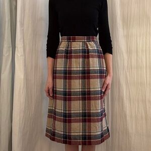 Tan, Red, Navy and White Tartan Midi Skirt Vintage 60s 70s Handmade